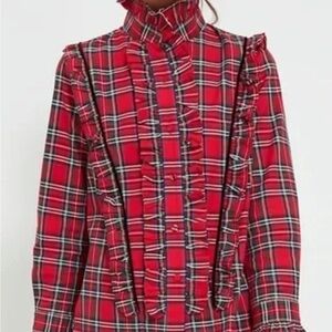 NWT TUCKERNUCK Red Plaid‎ Royal Stewart Tartan Ruffle Reagan Button Size L
